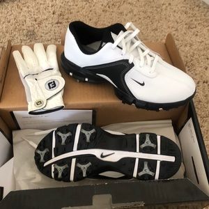 Golf shoes, tees, ball, glove